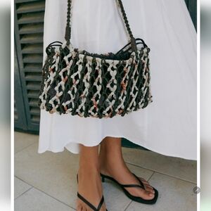 Zara Woven Shoulder Bag in Black, Cream, and Brown